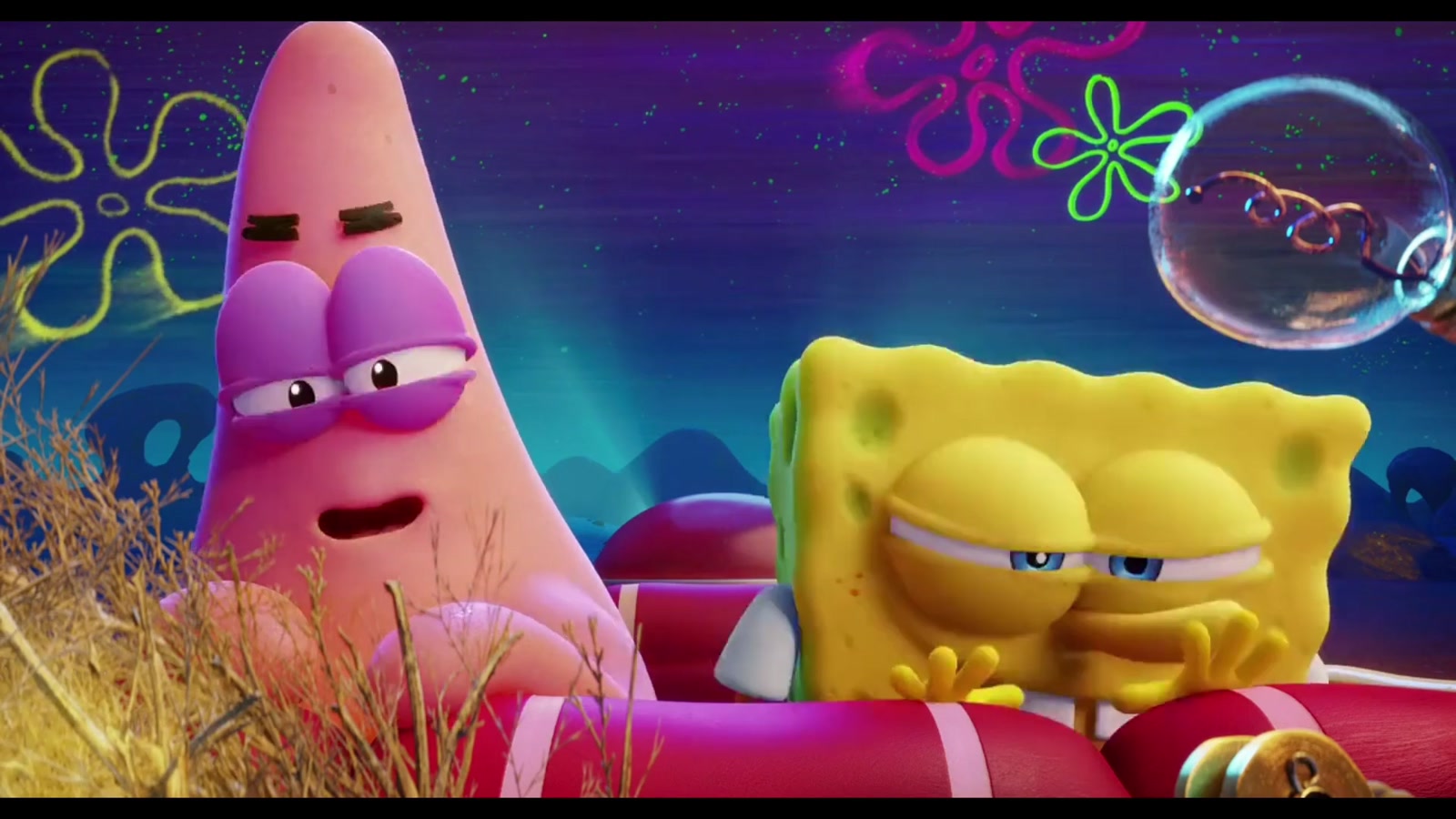 SpongeBob and Patrick in a colorful bubble scene from The SpongeBob Movie: Sponge on the Run